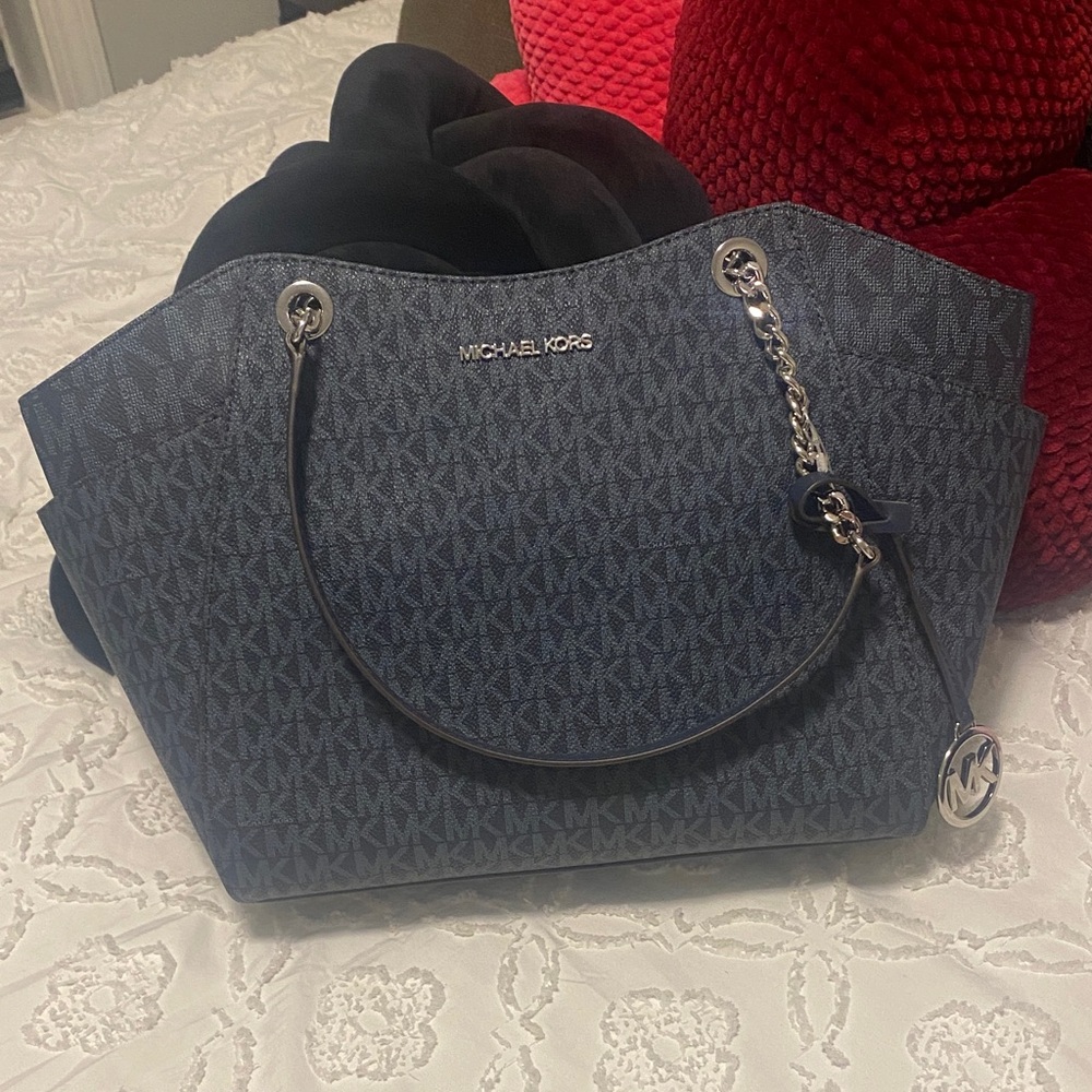 Michael Kors Navy Shoulder Bag with Silver Accents